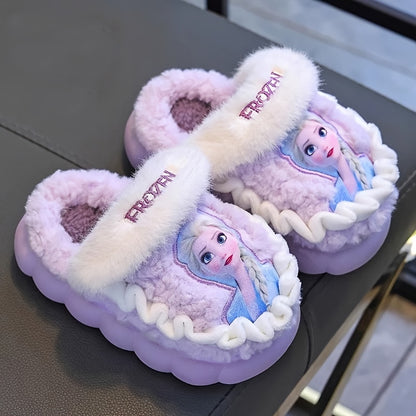 Pair of Frozen Elsa Princess Plush Slippers with Disney Elsa Design, Warm Fleece-Lined Indoor/Outdoor Shoes for Girls - New Autumn/Winter Cute Cartoon Princess Style Printed Fluffy Slippers in Sky Blue and Lilac Colors, Perfe
