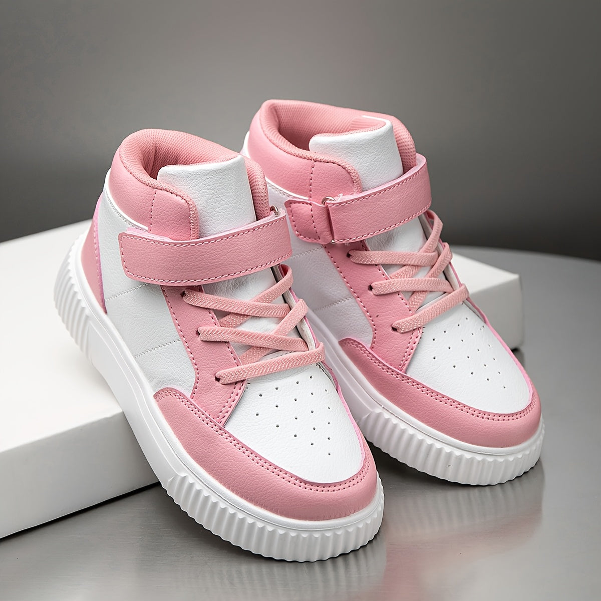 Girls' & Boys' White & Pink Checkerboard Mid-Top Sneakers - Lightweight PU Upper with EVA Sole, All-Season Comfort for School, Outdoor & Casual Wear - Easy Slip-On Design for Ages 14 & Under