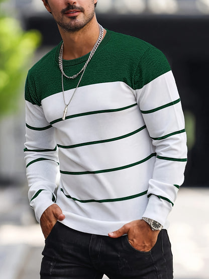 Men's Casual Striped Knit Pullover Sweater - Navy & White Contrast, Regular Fit H-Silhouette, Long Sleeve Crew Neck, Medium Stretch, Machine Washable for Spring & Fall, Mediumstretch Fabric