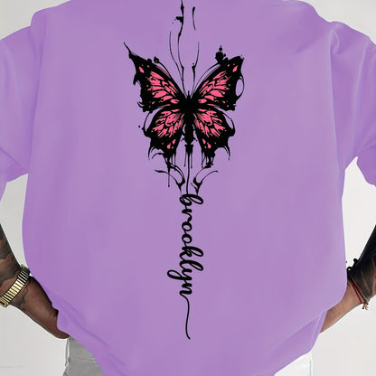 Men's Streetwear Graphic T-Shirt with Pink Butterfly & Brooklyn Letter Print - Loose Fit Casual Summer Tee, Breathable Round Neck Short Sleeve Shirt for Urban Fashion, Casual Attire, Streetstyle Tee, Relaxed Fit Top