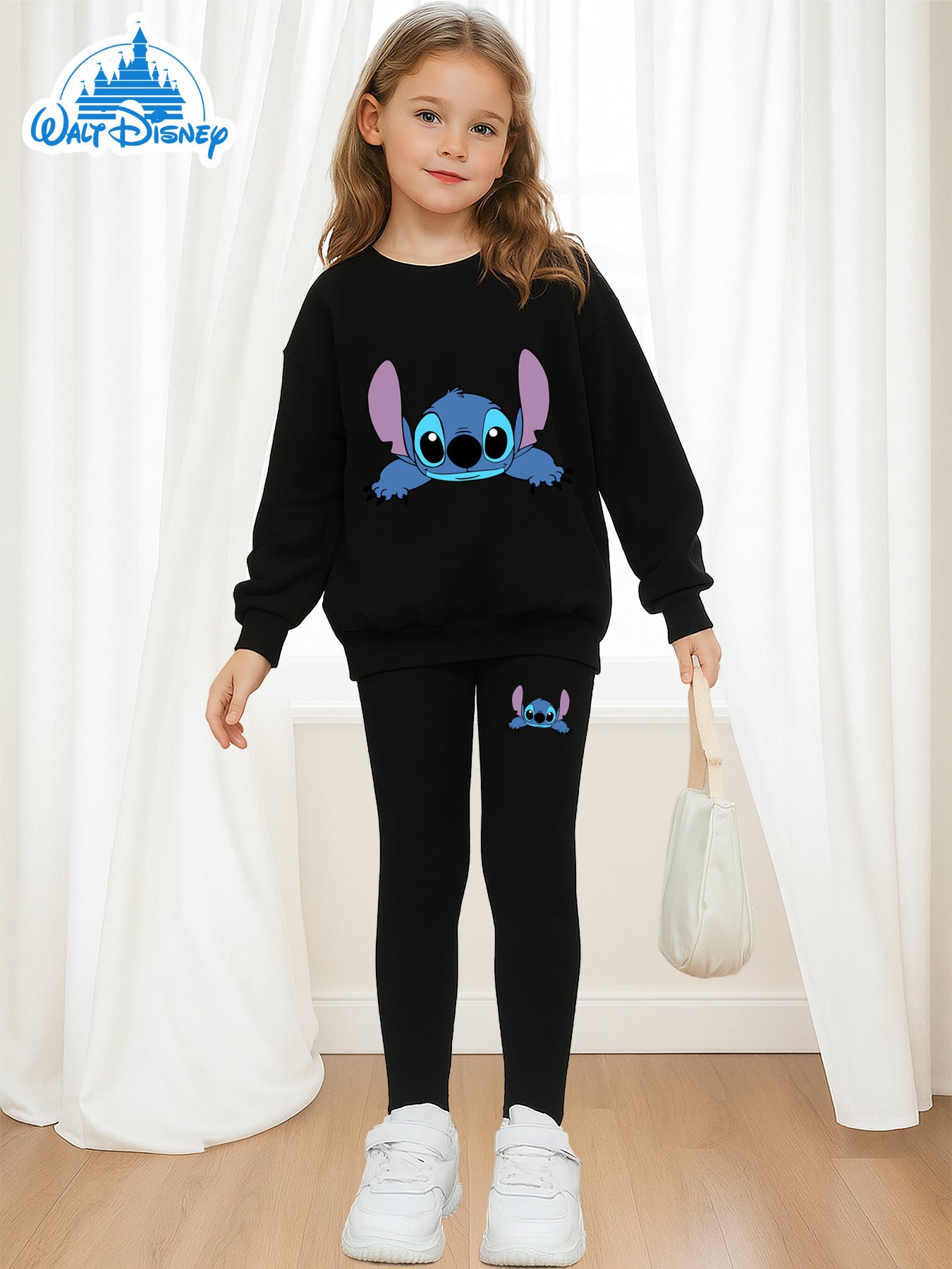 2pcs Disney Girls' Lilo & Stitch Print Sweatshirt and Leggings Set - Soft Stretchy Crewneck Outfit with Cartoon Character Design, All-Season Machine Washable Casual Wear for Ages 5-12, Everyday 's Clothing, Playtime Clothes,