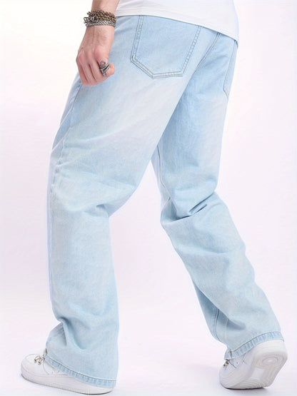 Men'S High-Street Casual Straight-Leg Jeans - Light Blue, Loose Fit, Non-Stretch Denim, Raw Wash, All-Season Comfort, Perfect for Casual Attire, Comfortable Clothing | Relaxed Fit Jeans | Nonstretch Fabric