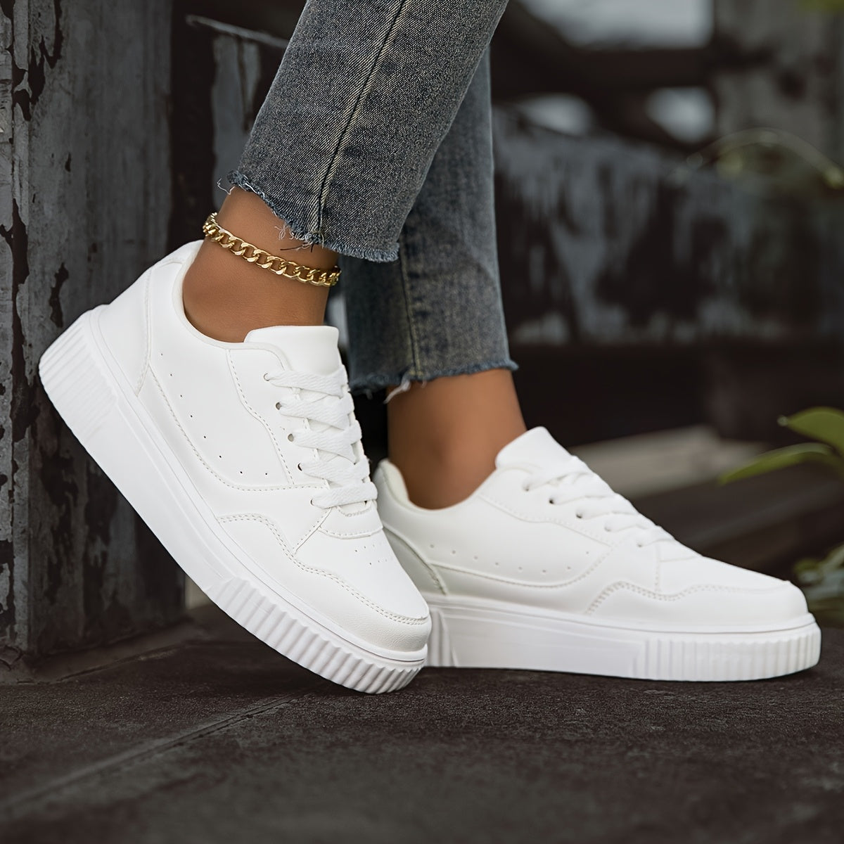 Women's White Low-Top Casual Sneakers - Lightweight Comfortable Lace-Up Shoes with Synthetic Cover Upper, EVA Cushioned Sole & Breathable Fabric Lining for All-Season Versatile Wear, Shoe Laces for Sneakers, Minimalist Design
