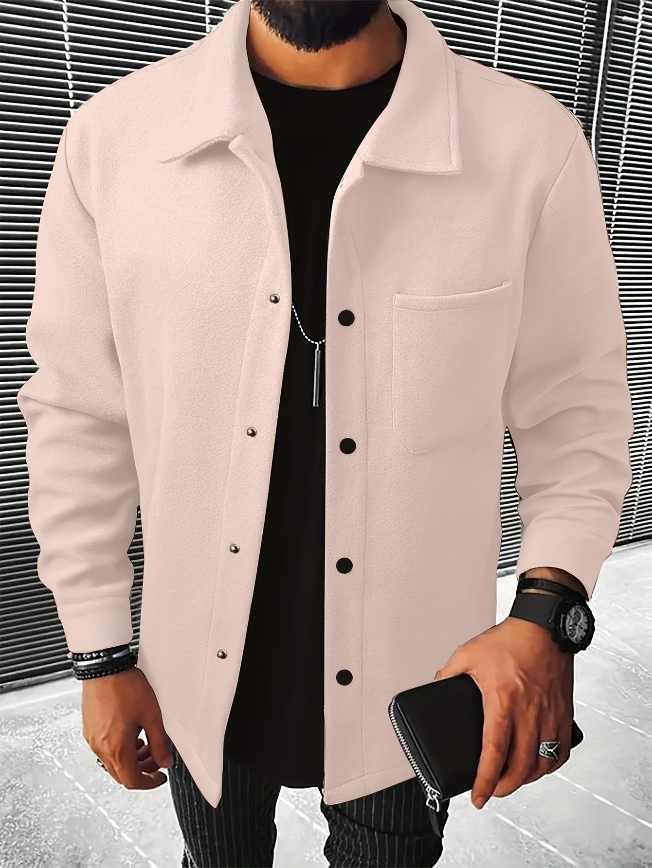 Men's Casual Button-Up Jacket with Front Pocket and Turn-Down Collar, Solid Color, PLUS SIZE