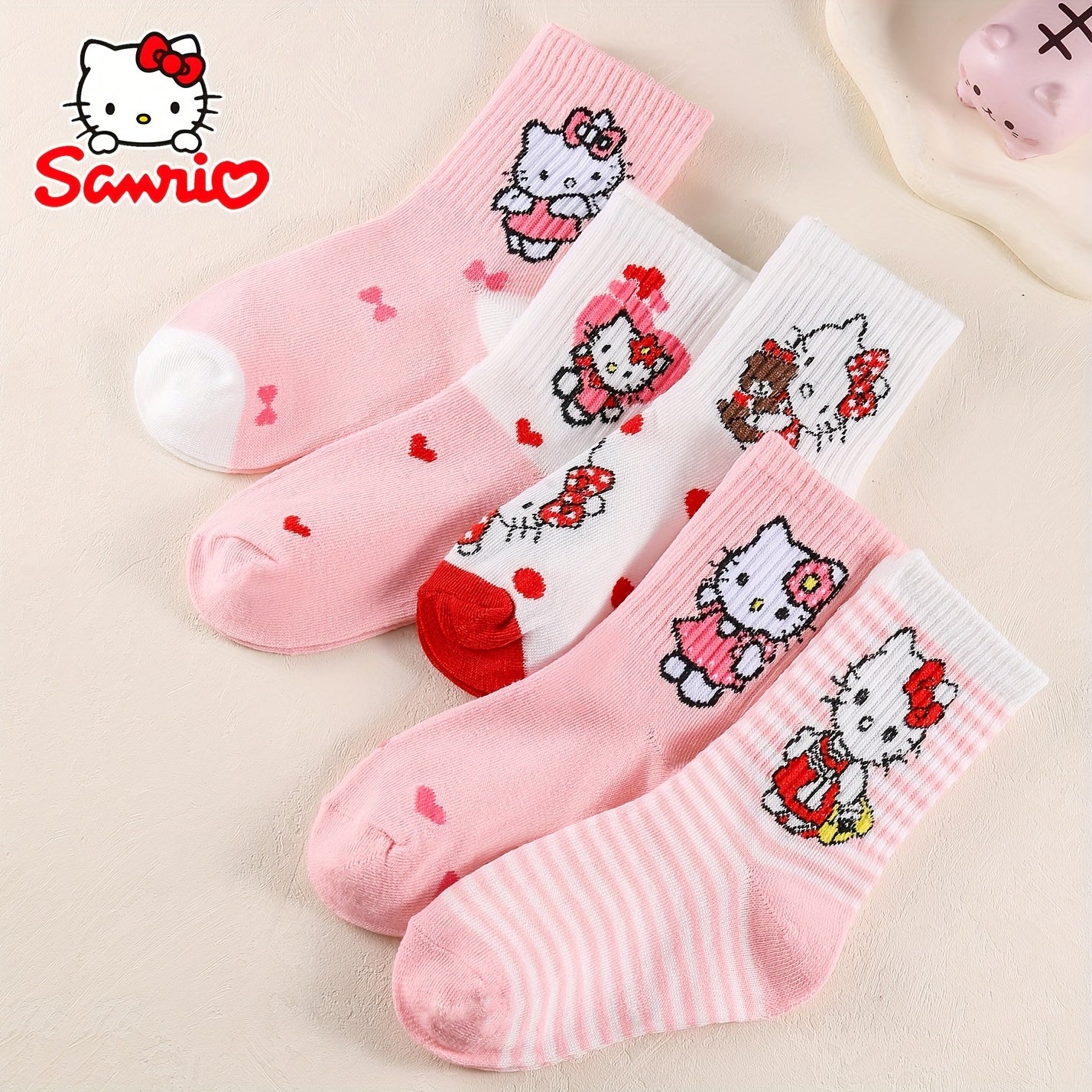 10 Pairs Hello Kitty Girls Socks, Cute Cartoon Sanrio Ankle Crew Socks, Breathable Soft Knit, Pink Red Heart Pattern, Spring Fall Winter Toddler Socks
