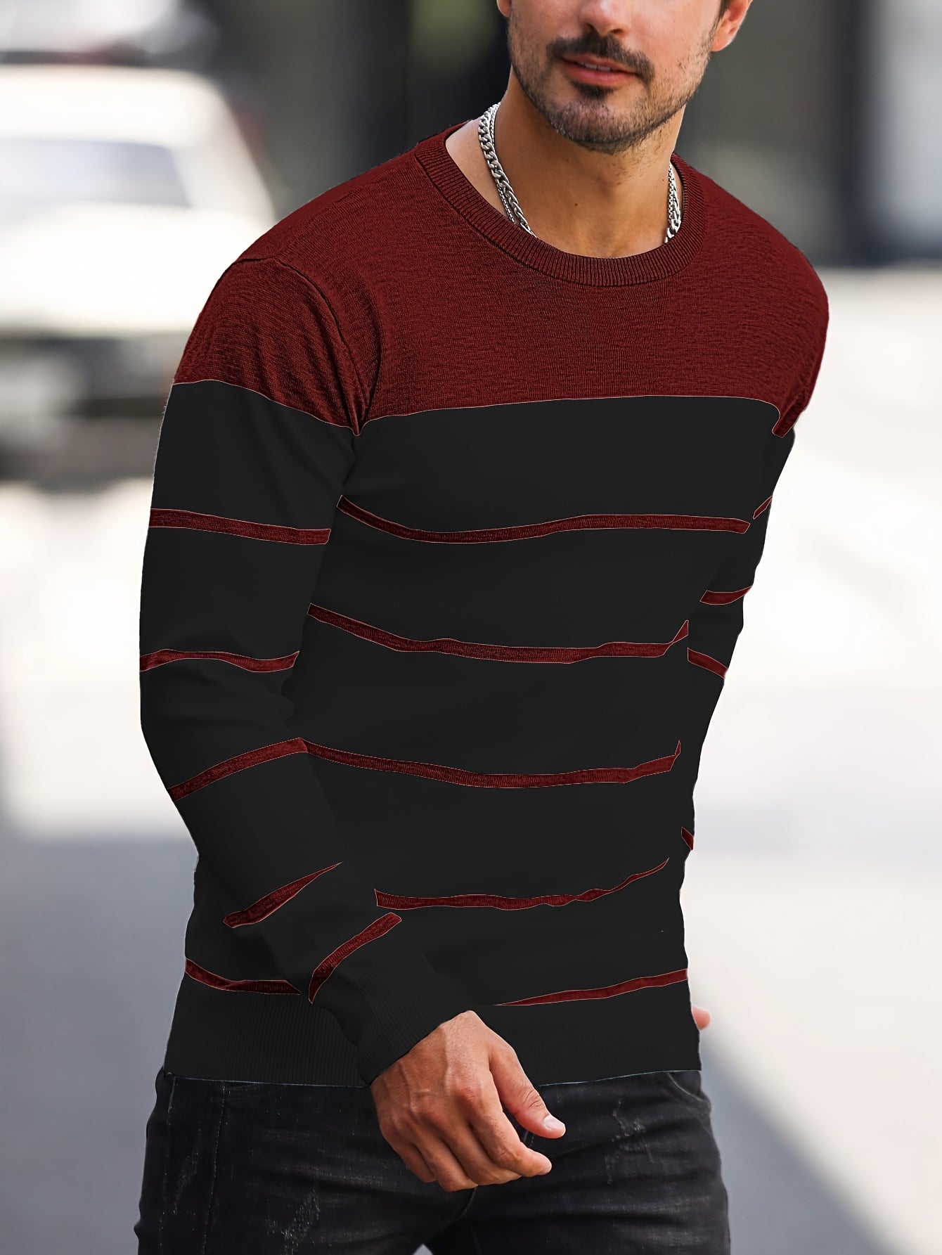 Men's Casual Striped Knit Pullover Sweater - Navy & White Contrast, Regular Fit H-Silhouette, Long Sleeve Crew Neck, Medium Stretch, Machine Washable for Spring & Fall, Mediumstretch Fabric