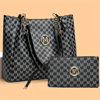2pcs Women's Vintage Shoulder Bag Set, Large Capacity Tote Bag with Fixed Shoulder Strap, Synthetic, Zipper Closure, Polyester Lining, Lightweight, Random Print Design, Perfect for Daily Commuting and Carrying Cell Phones,