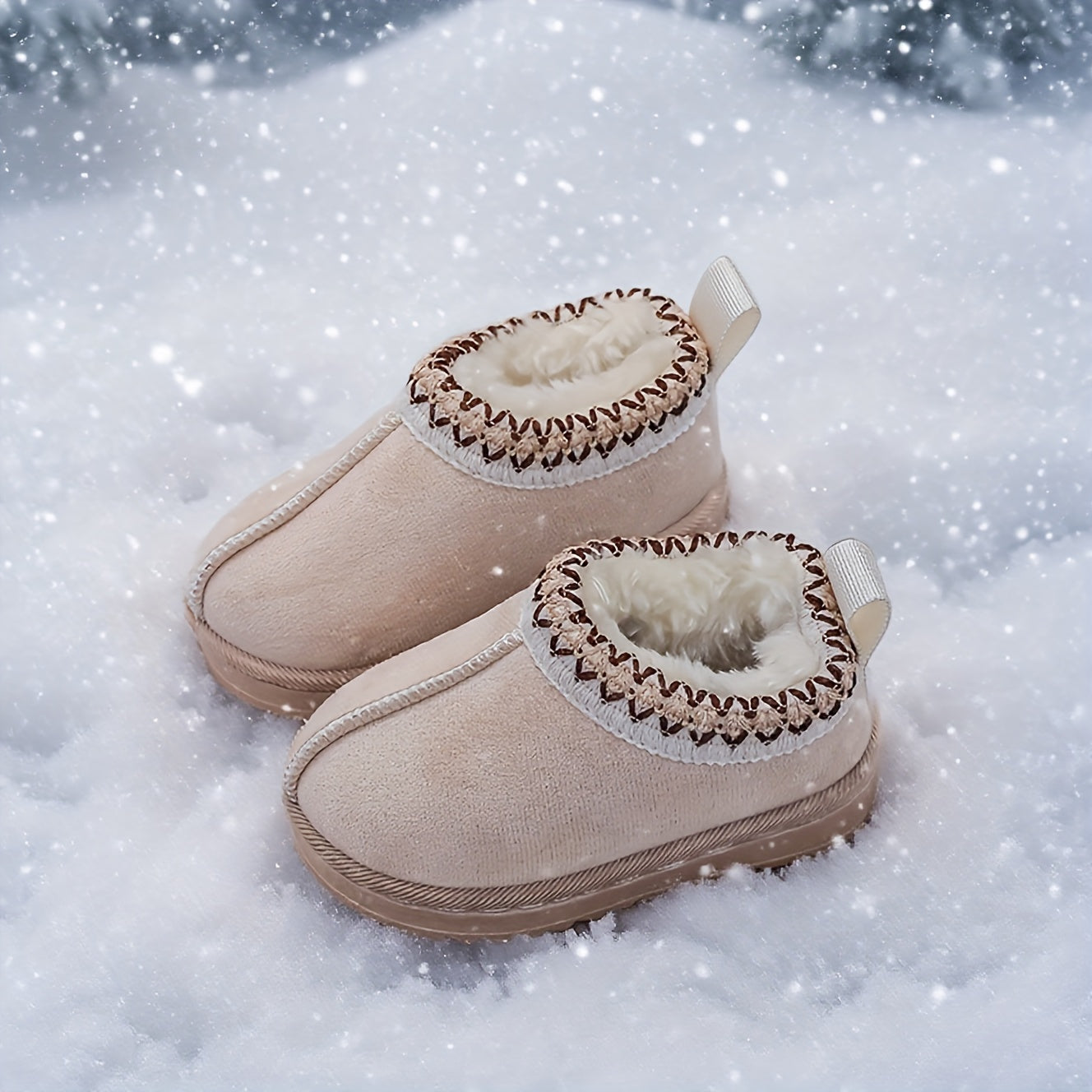 Girls' Winter Snow Boots with Plush Faux Fur Collar & Non-Slip Rubber Sole - Soft Fabric Upper, Mid-Calf Height, Round Toe Design for Outdoor Hiking, Casual Wear - Cozy Warm Slip-On Boots for Youngsters & Youngsters (Autumn/W
