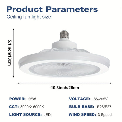 LED Smart Fan Light, Adjustable Wind Power & Infinitely Dimmable, Invisible No Blade, E27/E26 Recessed Installation with Remote Control, Modern Simple with Thin Ceiling Fan Light for Living Room, Bedroom, Dining Room, Storage