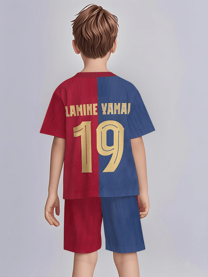 Boys' 3D Print Pattern Summer Short Sleeve Top and Shorts Set 2pcs with No.19 Jersey Print, Perfect for Outdoor