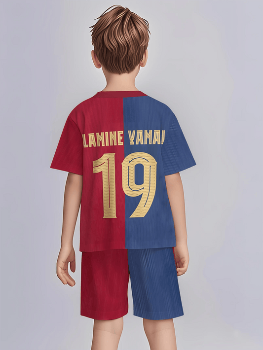 Boys' 3D Print Pattern Summer Short Sleeve Top and Shorts Set 2pcs with No.19 Jersey Print, Perfect for Outdoor
