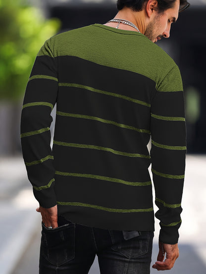 Men's Casual Striped Knit Pullover Sweater - Navy & White Contrast, Regular Fit H-Silhouette, Long Sleeve Crew Neck, Medium Stretch, Machine Washable for Spring & Fall, Mediumstretch Fabric
