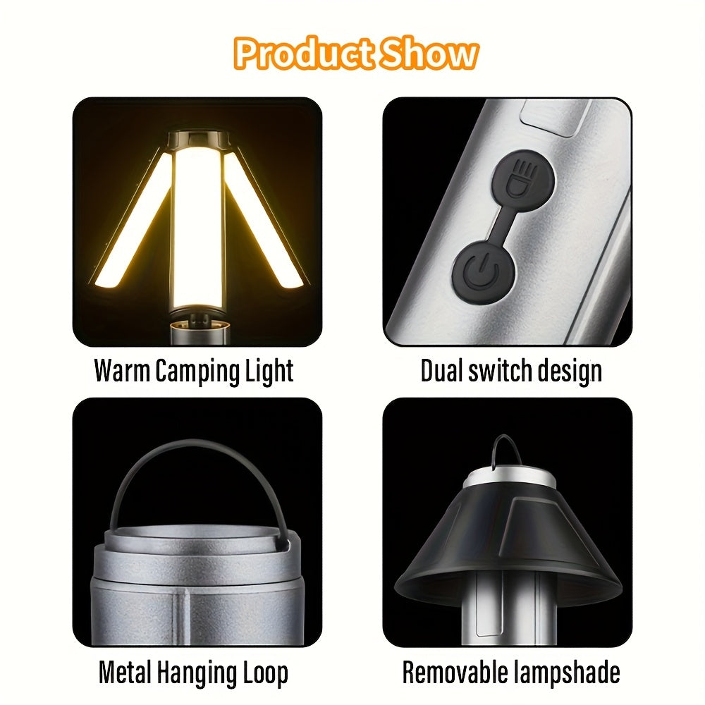 2-in-1 LED Camping Light with High Brightness Flashlight - 4 Extendable Rods, 270° Adjustable Beam, Hook Design, Removable Shade Cover, Dual Use for Switch Mode, USB Rechargeable Camping Light Holder Base, Ideal for Outdoor