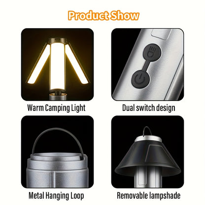 2-in-1 LED Camping Light with High Brightness Flashlight - 4 Extendable Rods, 270° Adjustable Beam, Hook Design, Removable Shade Cover, Dual Use for Switch Mode, USB Rechargeable Camping Light Holder Base, Ideal for Outdoor