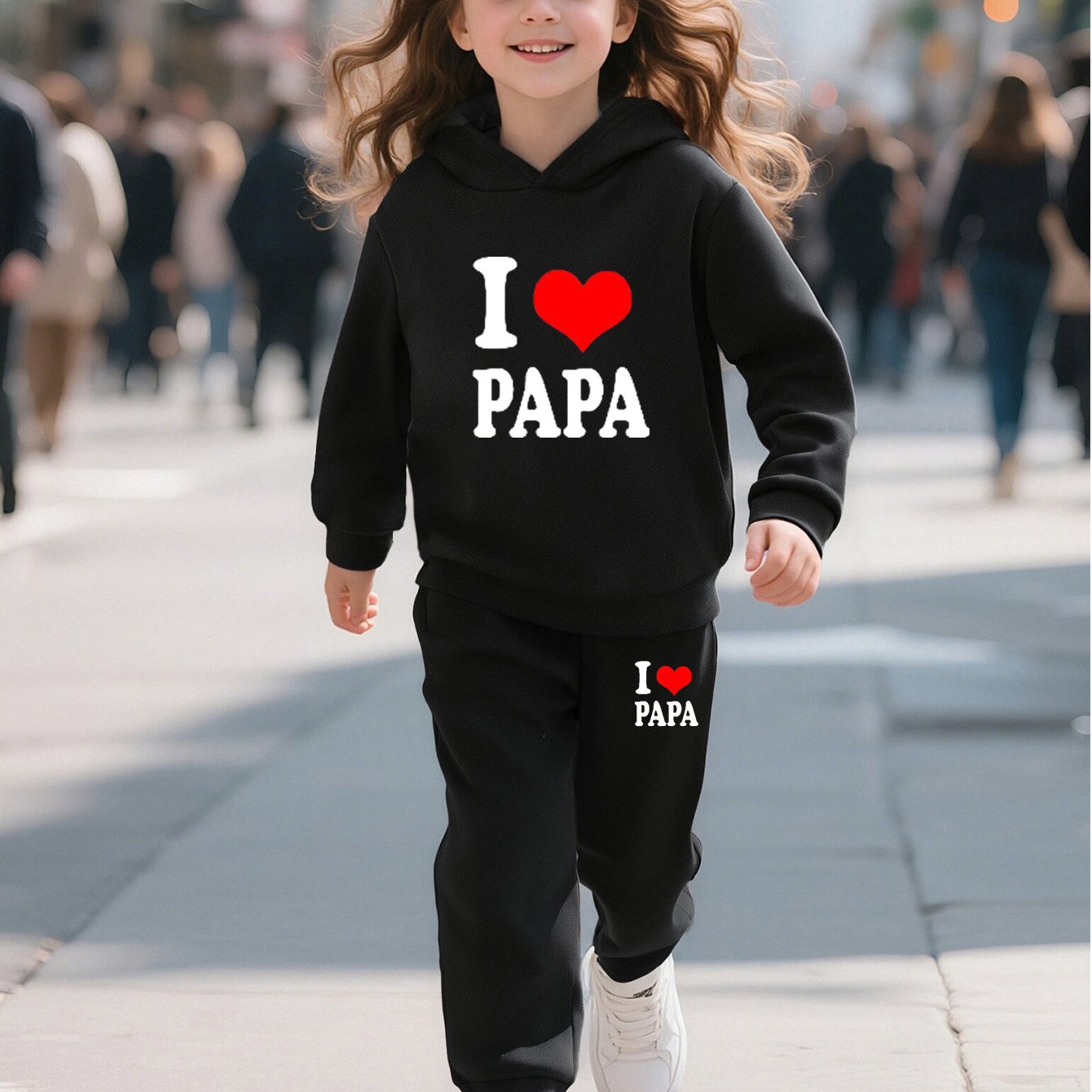 2pcs Back-to-School Season Fashionable Autumn/Winter Casual Sporty Style Girls' "I Love Dad" Cartoon Print Long Sleeve Fleece-Lined Hoodie + Sweatpants Set, Perfect for Outdoor