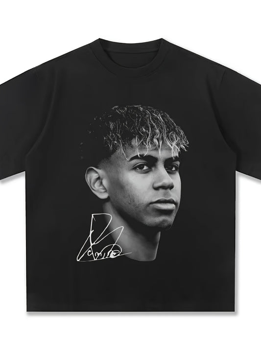 2025 New Yamal American Retro Crew Neck T-Shirt for Men & Women - Black Geometric Graphic Print Short Sleeve Tee, All-Season Casual Streetwear, Machine Washable Regular Fit