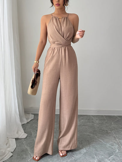 Women'S Elegant Off-Shoulder Twist Front Jumpsuit - Beige Wide-Leg Jumpsuit with Adjustable Waist Tie, Perfect for Spring & Summer Casual or Dressy Outfits, Casual Chic Wear | Offshoulder Fashion | Polyester Fabric