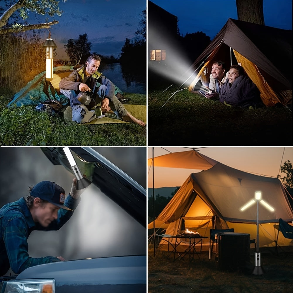 2-in-1 LED Camping Light with High Brightness Flashlight - 4 Extendable Rods, 270° Adjustable Beam, Hook Design, Removable Shade Cover, Dual Use for Switch Mode, USB Rechargeable Camping Light Holder Base, Ideal for Outdoor