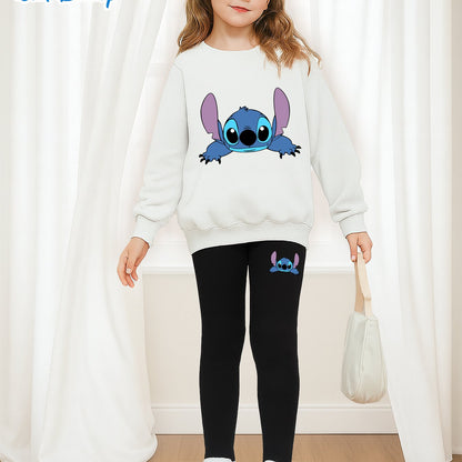 2pcs Disney Girls' Lilo & Stitch Print Sweatshirt and Leggings Set - Soft Stretchy Crewneck Outfit with Cartoon Character Design, All-Season Machine Washable Casual Wear for Ages 5-12, Everyday 's Clothing, Playtime Clothes,