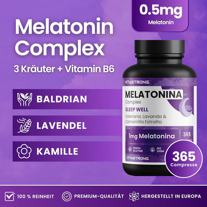 Vitastrong Melatonin Complex 365 Micro-Tablets, Melatonin 1Mg with Chamomile, Valerian, Lavender And Vitamin B6, Melatonin for Sleeping, Sleep, Jet Lag, Pure Melatonin with Long-Term Release Without Sugar
