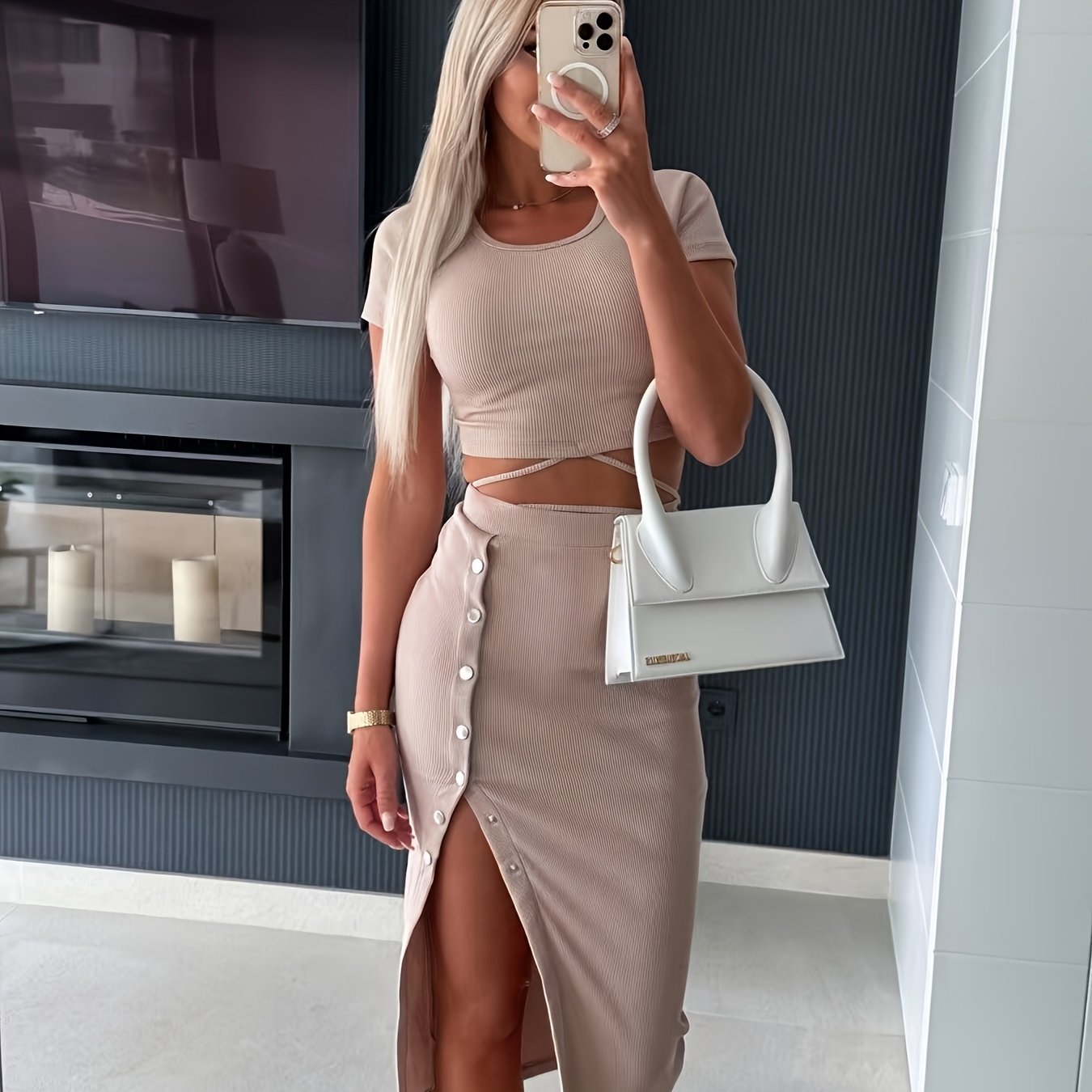 Women'S Casual Two-Piece Set - Black Crop Top with Button Detail & High-Waisted Skirt, Short Sleeve, Round Neck, Button-Up Front, Mid-Length, Lightweight Polyester Blend for Spring/Summer, Casual Attire|Modern Casualwear|Poly