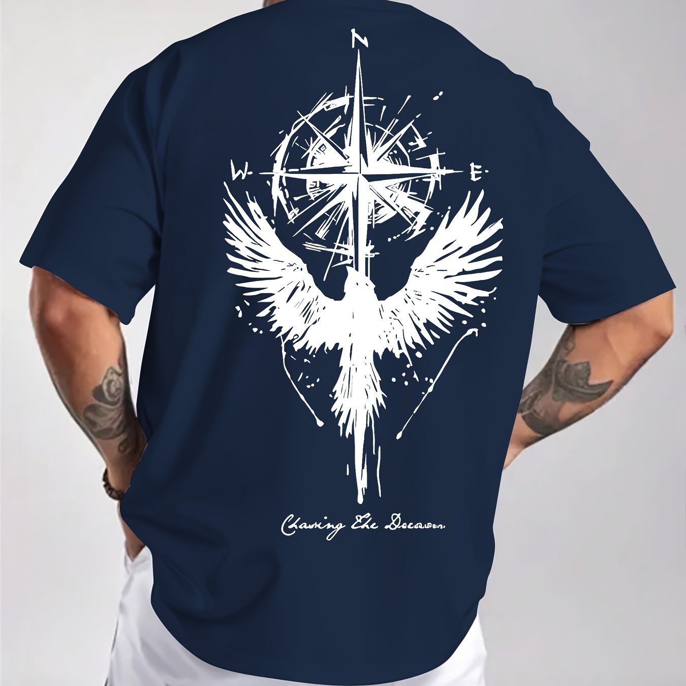 Men'S Summer Short Sleeve T-Shirt with Bold Eagle & Compass Print - Light Blue Casual Round Neck Tee, Comfortable Stretch Fabric for Casual Attire, Everyday Tshirt | Bold Graphic Tee | Comfortable Fit