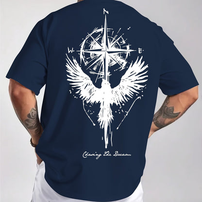Men'S Summer Short Sleeve T-Shirt with Bold Eagle & Compass Print - Light Blue Casual Round Neck Tee, Comfortable Stretch Fabric for Casual Attire, Everyday Tshirt | Bold Graphic Tee | Comfortable Fit