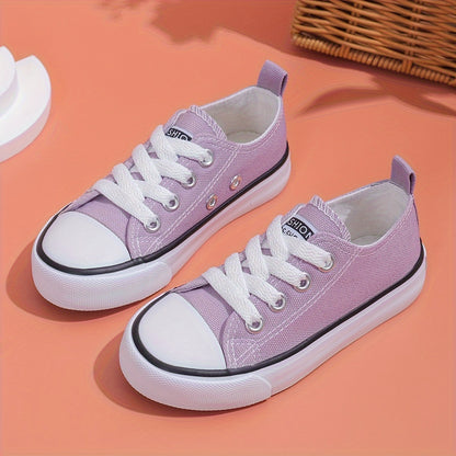 Kids' Breathable Low-Top Canvas Sneakers - Casual Lace-Up Shoes with Rubber Sole for Boys & Girls, Pink with White Detailing, Round Toe Design, Perfect for Casual Attire or Outdoor Activities