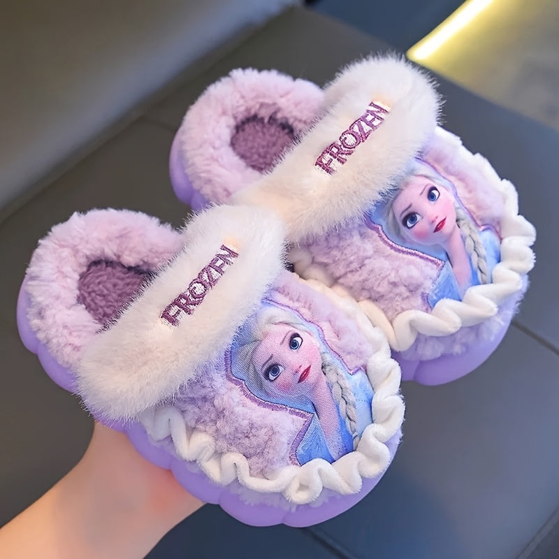 Pair of Frozen Elsa Princess Plush Slippers with Disney Elsa Design, Warm Fleece-Lined Indoor/Outdoor Shoes for Girls - New Autumn/Winter Cute Cartoon Princess Style Printed Fluffy Slippers in Sky Blue and Lilac Colors, Perfe