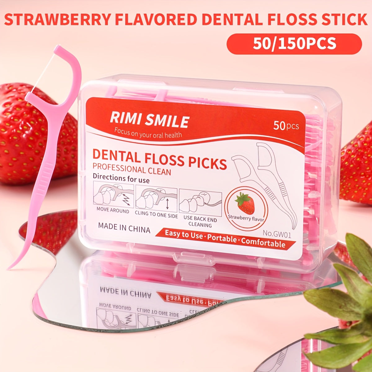 50/150pcs Strawberry Flavor Dental Floss Sticks, Small and Convenient, Polyethylene (PE), Alcohol Free, for Personal Intercalary Cleaning