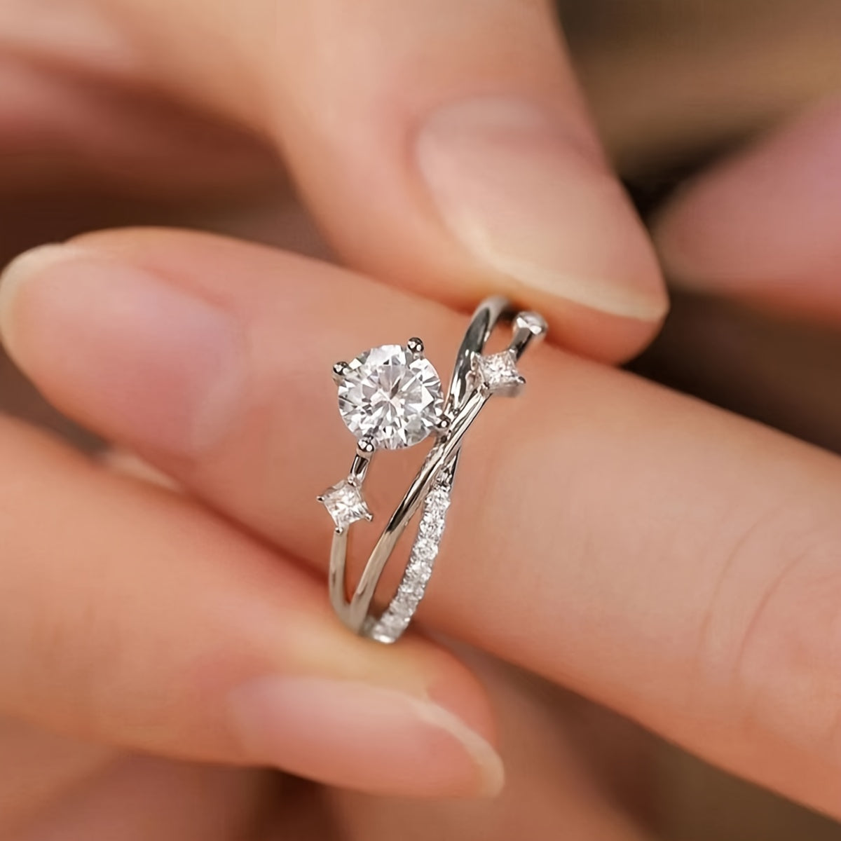 Luxurious Adjustable Starry Sky Ring for Women, Fashionable Engagement Wedding Gift, Geometric Design in Golden, White Golden, Rose Golden - Copper with Synthetic Cubic Zirconia