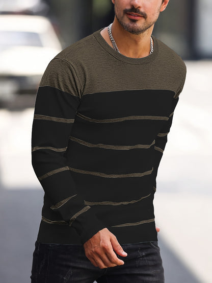 Men's Casual Striped Knit Pullover Sweater - Navy & White Contrast, Regular Fit H-Silhouette, Long Sleeve Crew Neck, Medium Stretch, Machine Washable for Spring & Fall, Mediumstretch Fabric