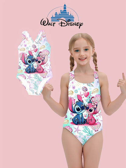 Authorized Disney Stitch Girls One-Piece Swimsuit Cute Fashion Cartoon Print Asymmetrical Hollow Design Elastic Breathable Fabric Suitable for Beach, Pool, Water Sports Hawaiian Holiday Gift Summer Swimsuit Elastic Fabric