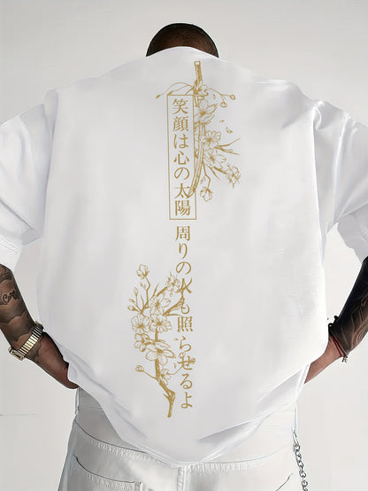 Men's Japanese Sakura Cherry Blossom & Text Print Casual T-Shirt - Black with Golden Floral Print Design, Loose Fit Round Neck, Breathable Summer Fabric, Machine Washable, Relaxed Fit Clothing, Elegant Design Shirt