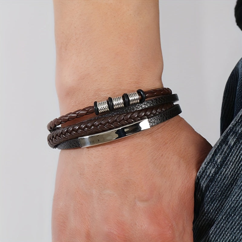 New Hot Selling Men's Vintage Hand-woven Multi-layer Beaded Alloy Magnetic Buckle PU Men's Bracelet