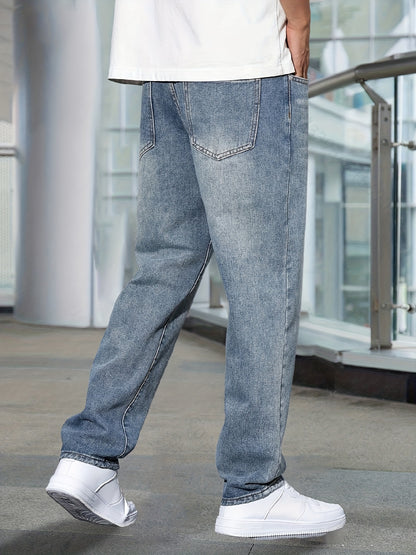 Men's Casual Stretch Denim Pants - Classic Regular Fit, Water-Washed Texture, All-Season Comfort, Machine Washable Solid Color Jeans for Casual Attire, Casual Casual Attire | Classic Blue Jeans | Easycare Jeans