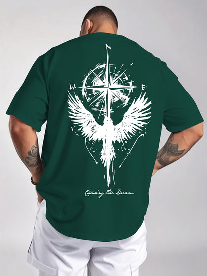 Men'S Summer Short Sleeve T-Shirt with Bold Eagle & Compass Print - Light Blue Casual Round Neck Tee, Comfortable Stretch Fabric for Casual Attire, Everyday Tshirt | Bold Graphic Tee | Comfortable Fit