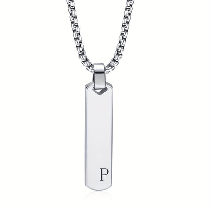 Letter Necklace Pendant Made of Stainless Steel, Featuring a Laser-Etched Design of 26 Letters, Polished for a Stylish 3D Rectangular Look, Suitable for Men.