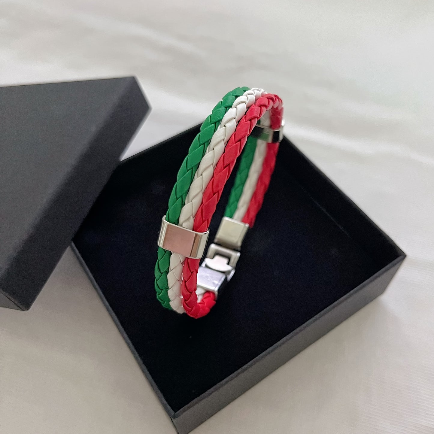 Handmade Braided Red, White, and Green Flag Faux Leather Bracelet - Fashionable Faux Leather Accessory with Metal Buckle, Ideal for National Holiday Celebrations, National Holiday Gift|Festive Accessory|Durable Faux Leather,