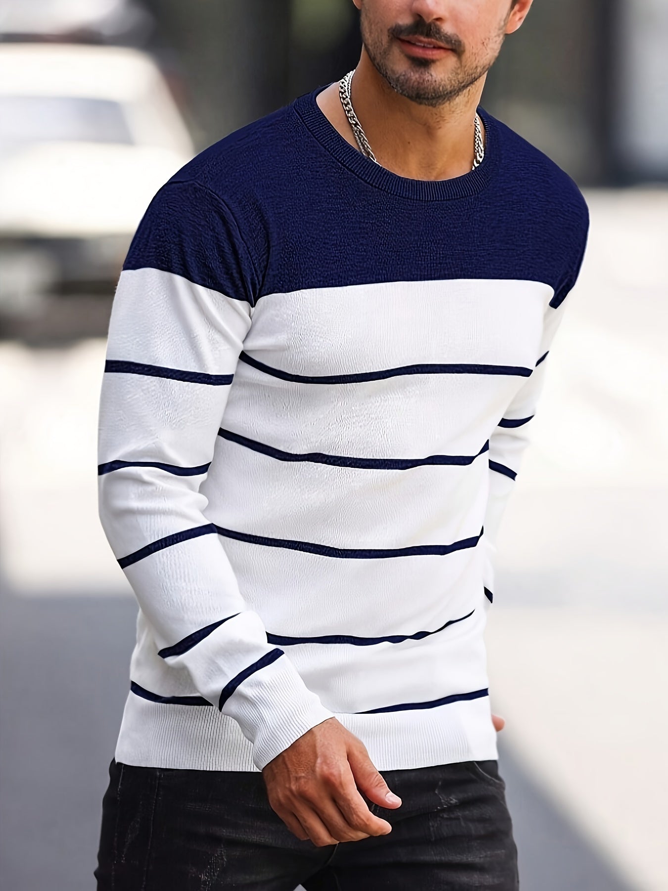 Men's Casual Striped Knit Pullover Sweater - Navy & White Contrast, Regular Fit H-Silhouette, Long Sleeve Crew Neck, Medium Stretch, Machine Washable for Spring & Fall, Mediumstretch Fabric