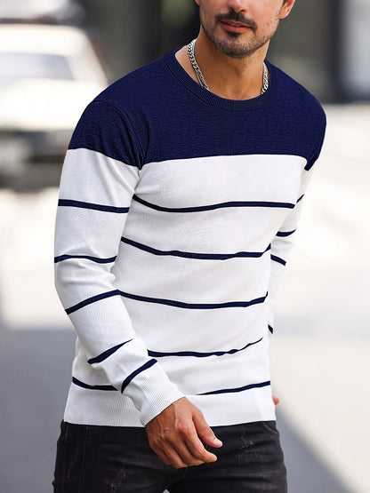 Men's Casual Striped Knit Pullover Sweater - Navy & White Contrast, Regular Fit H-Silhouette, Long Sleeve Crew Neck, Medium Stretch, Machine Washable for Spring & Fall, Mediumstretch Fabric