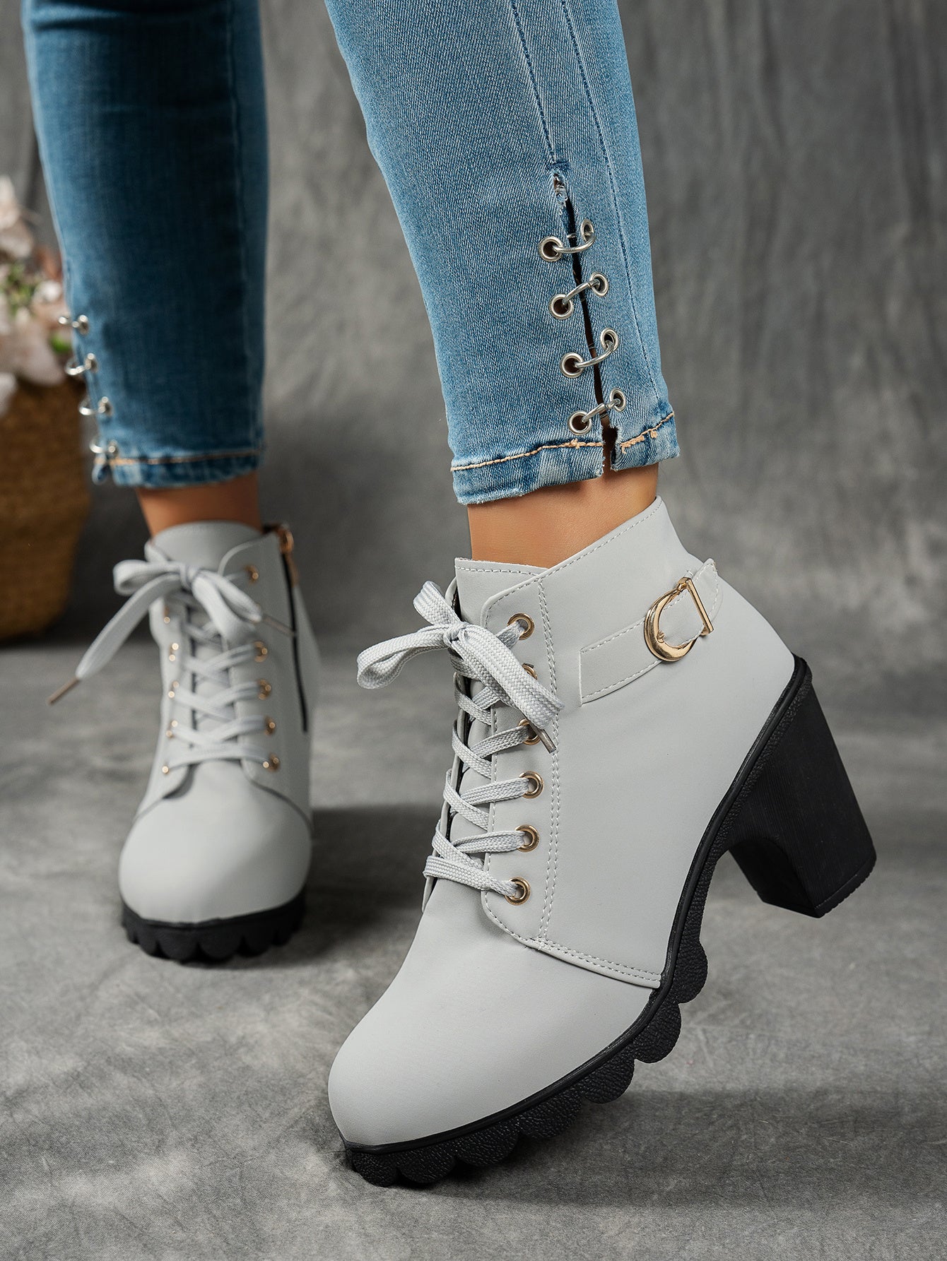 MagiMoBo Women'S Mid-Heel Ankle Boots with Side Zipper - Comfortable Faux Cover, Decorative Buckle Design, All-Season Versatile Casual Shoes for Casual Attire, Chunky Heel, Versatile Ankle Boots | Decorative Buckle Boots | Sy