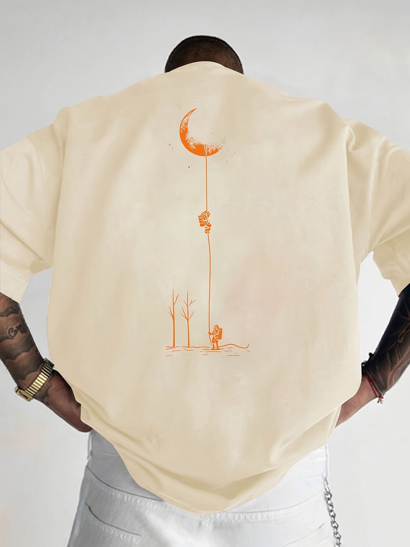 Men's Graphic Print Short Sleeve T-Shirt - Black Relaxed Fit Casual Round Neck, Durable Polyester Fabric, Machine Washable Summer Outdoor Top, Moon And Trees Design | Lightweight Clothing