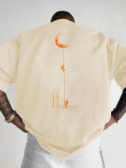 Men's Graphic Print Short Sleeve T-Shirt - Black Relaxed Fit Casual Round Neck, Durable Polyester Fabric, Machine Washable Summer Outdoor Top, Moon And Trees Design | Lightweight Clothing