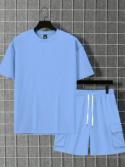New Loose-Fitting Breathable Men'S Round Neck Short-Sleeved T-Shirt And Workwear Style Multi-Pocket Shorts Set Summer Leisure Sports Two-Piece Suit, Fashionable Sports Casual Versatile Tops And Pants for Men And Women