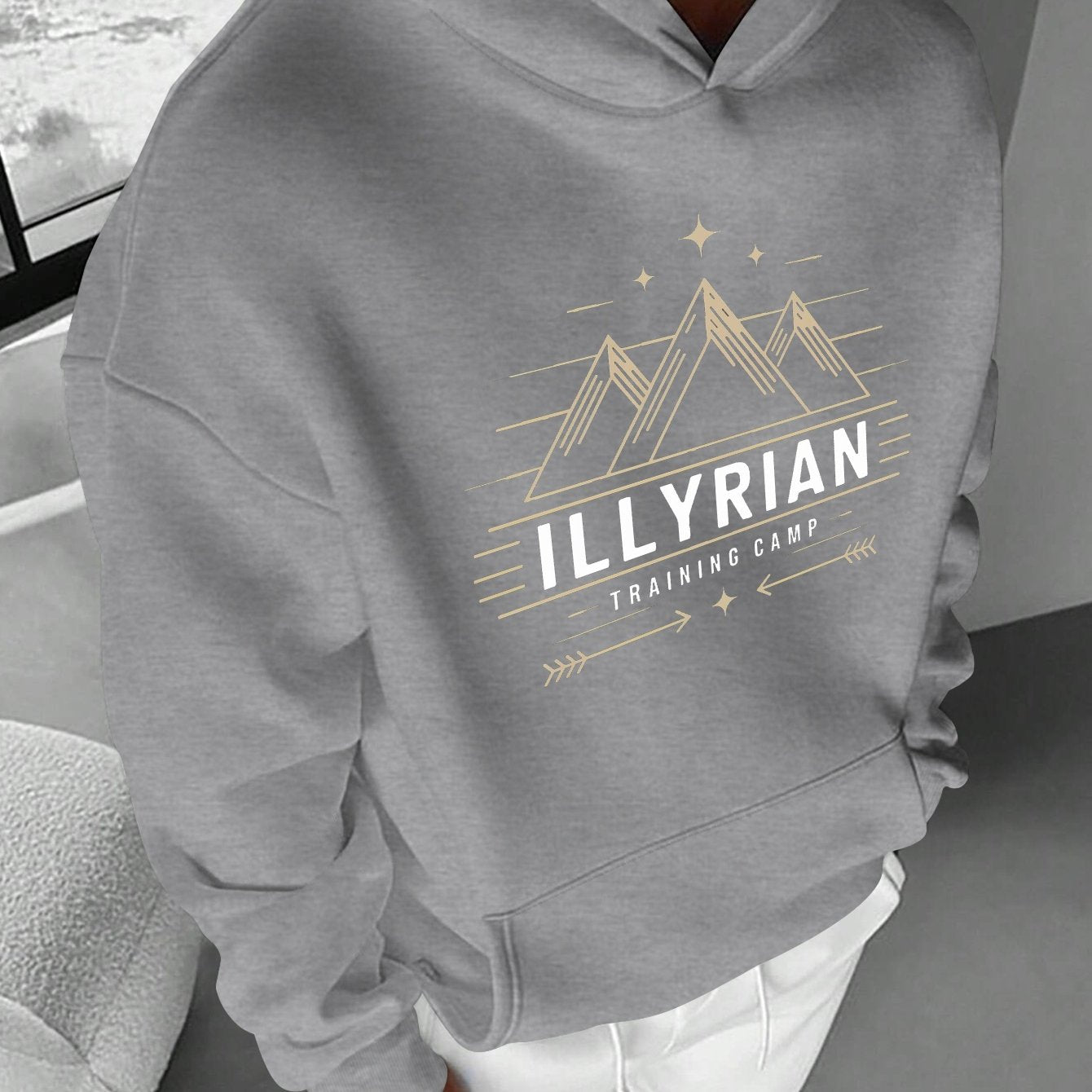 Men's ILLYRIAN TRAINING CAMP Hoodie - Cozy Fleece Sweatshirt with Mountain & Stars Print, Green Casual Pullover for Fall/Winter, Loose Fit, Machine Washable