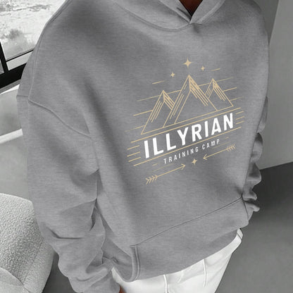 Men's ILLYRIAN TRAINING CAMP Hoodie - Cozy Fleece Sweatshirt with Mountain & Stars Print, Green Casual Pullover for Fall/Winter, Loose Fit, Machine Washable