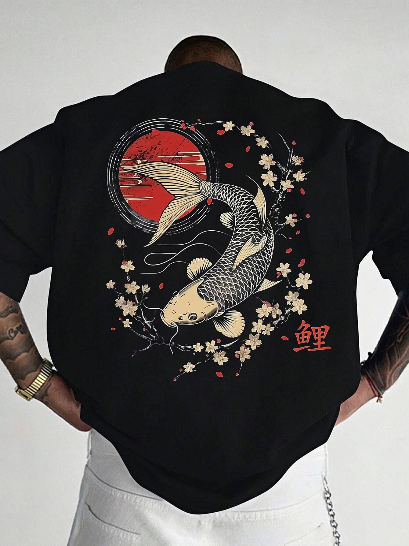 Men's 100% Cotton Retro T-Shirt - Navy Blue Short Sleeve Casual Tee with Koi Fish & Cherry Blossom Print, Regular Fit, Machine Washable, Cotton T Shirts, Summer Apparel, Breathable Fabric