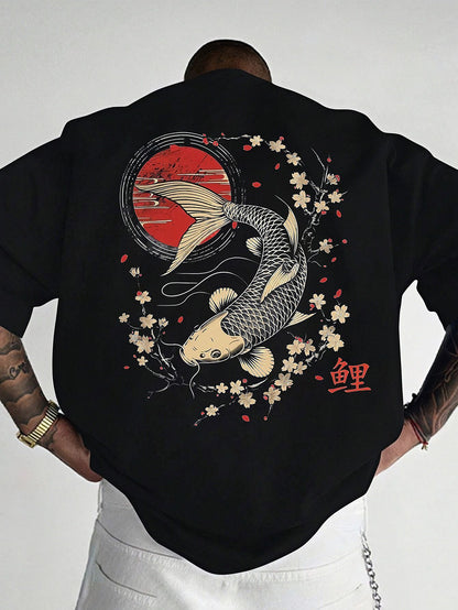 Men's 100% Cotton Retro T-Shirt - Navy Blue Short Sleeve Casual Tee with Koi Fish & Cherry Blossom Print, Regular Fit, Machine Washable, Cotton T Shirts, Summer Apparel, Breathable Fabric