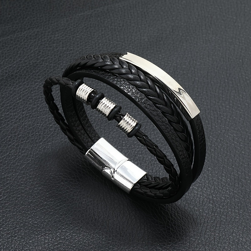New Hot Selling Men's Vintage Hand-woven Multi-layer Beaded Alloy Magnetic Buckle PU Men's Bracelet